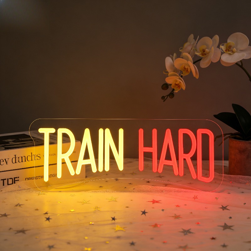 Home Gym Yellow - Znak Neonowy LED Żółto-Czerwony TRAIN HARD,